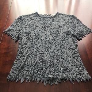 Vintage beaded silk! Ellebelle gray & black shirt top blouse vtg beads small